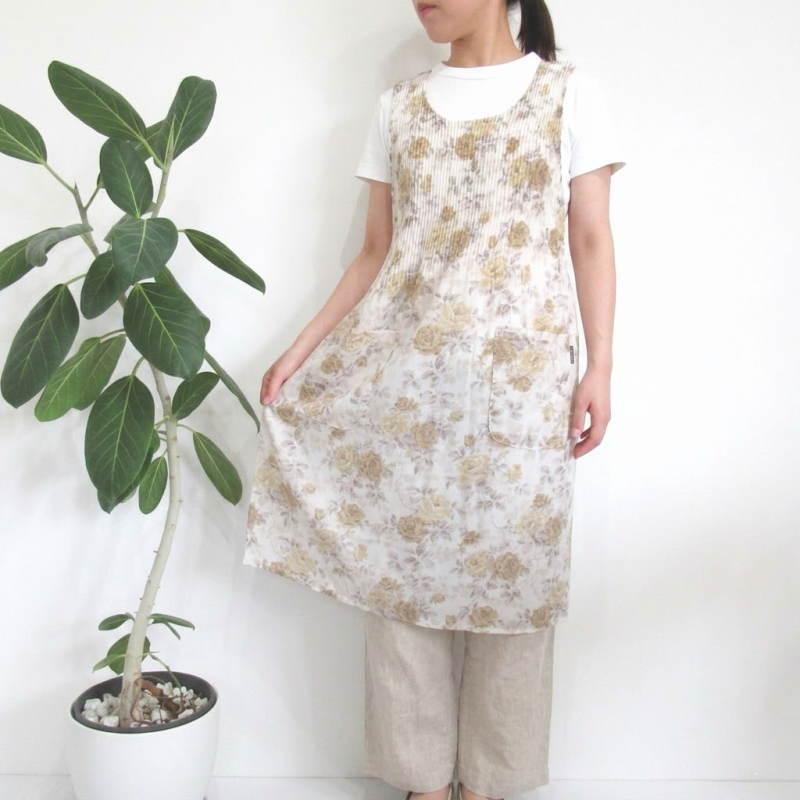 夏用 エプロン かぶるだけ プリーツ 花柄 薔薇 おしゃれ ワンピース H