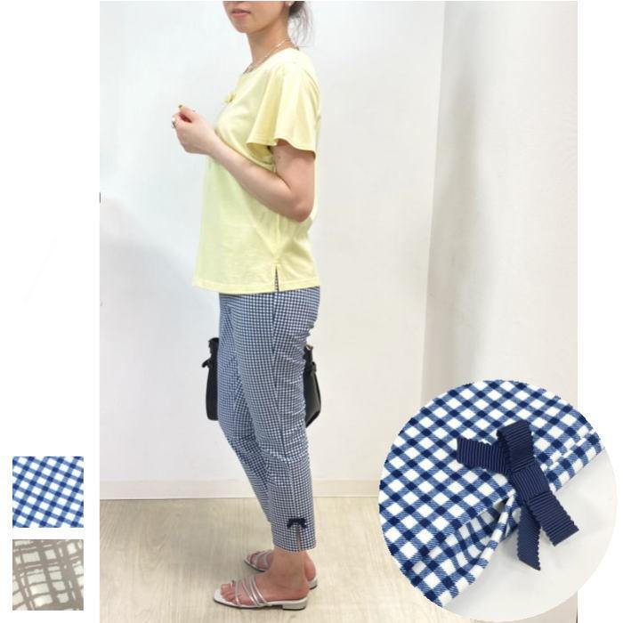 ストレッチパンツ レディース チェックパンツ ストレッチ ウエストゴム クロップドパンツ ウエストゴム レギパン チェック柄 レディースファッション チェックパンツ Un Peu パンツ 31 ペルルアンプー 31 Perle 販売特注