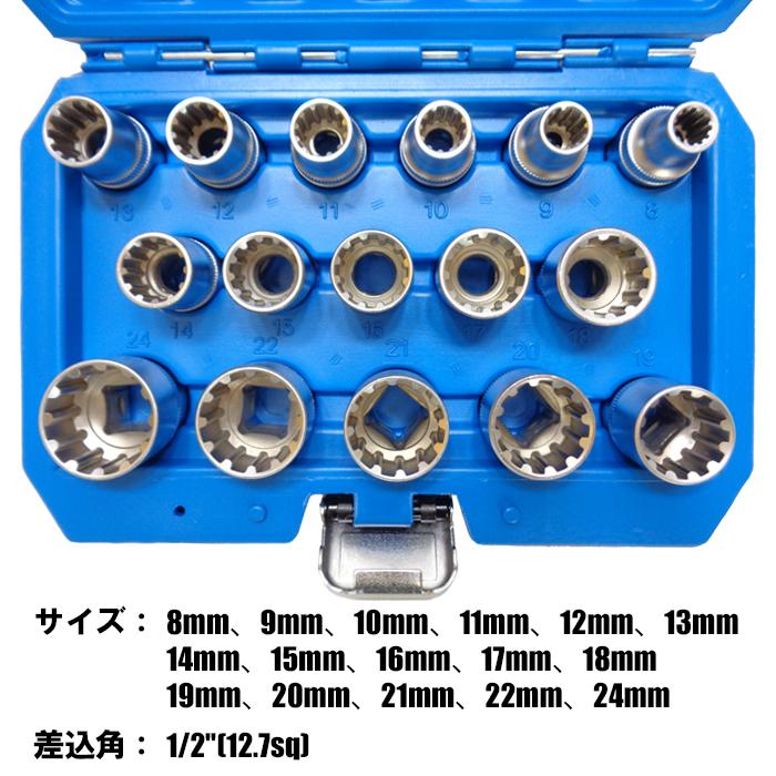 スプラインソケット セット 16pc マルチソケット インチサイズ ミリ
