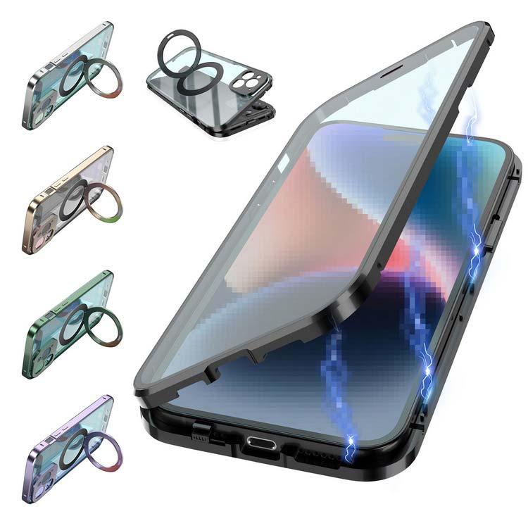 iPhone 15 Pro用ケース アルミバンパー クリア マグネット固定 iPhone15 ケース アルミ バンパー カバー 前強化ガラス+後