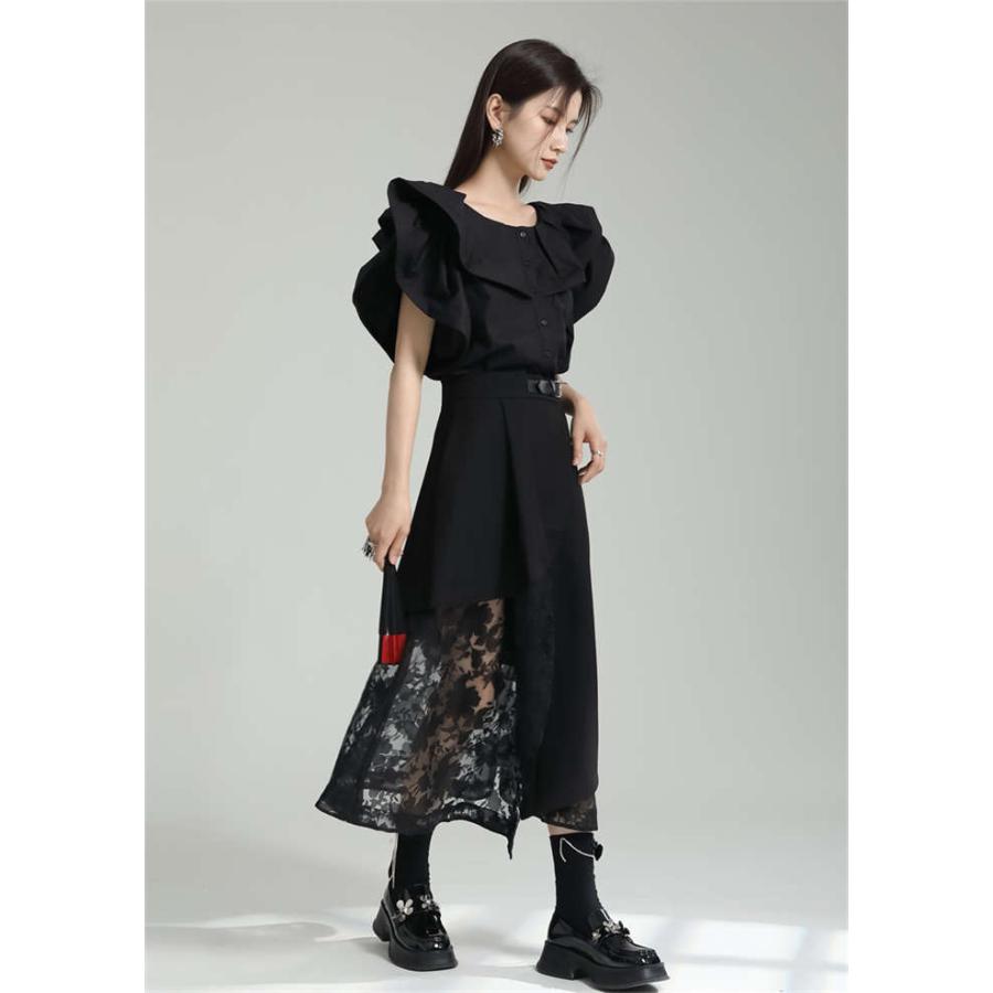【新品】LASUD 異素材使い フレアスカート 黒 新品】LASUD 異素材使い フレアスカート 黒 - メルカリ