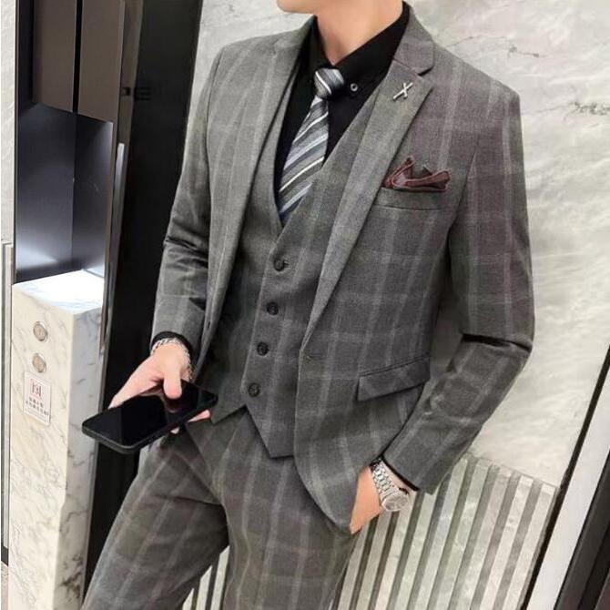 3色 セットアップ 3ピース スーツ チェック ジャケット パンツ 6 チェック柄 ビジネススーツ 上下セット 3ピース メンズスーツ