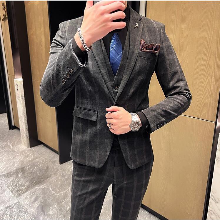 チェック柄 ビジネススーツ 上下セット 3ピース メンズスーツ