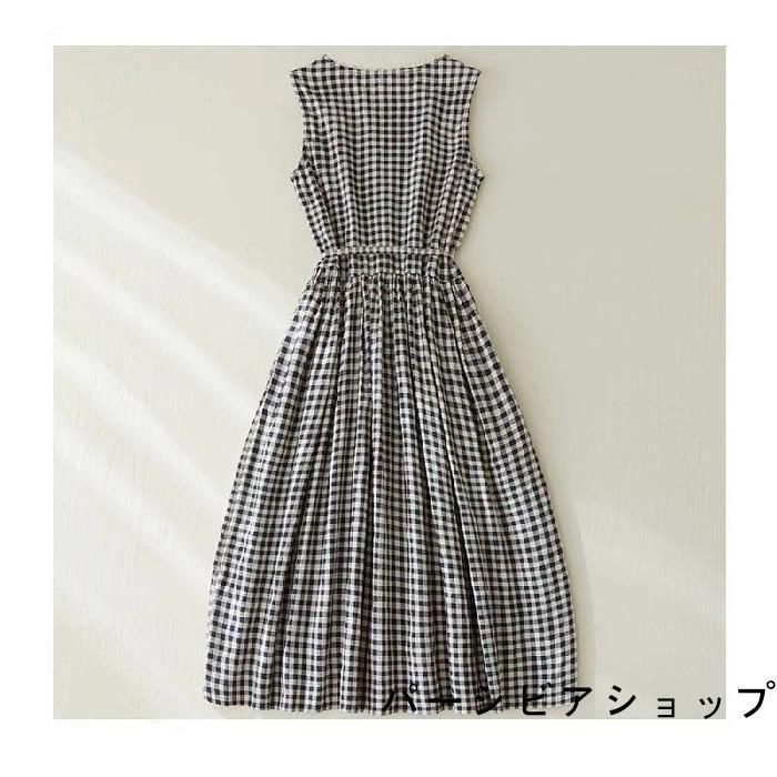 ワンピース チェック柄 ロング丈 リネン混 夏 レディース