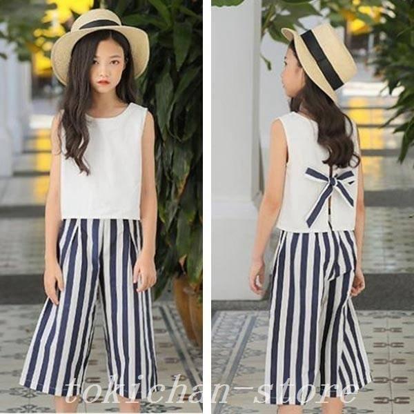 韓国子供服キッズ女の子セットアップ上下セットトップスボトムスtシャツノースリーブ服韓国おしゃれお洒落かわいい可愛いストライプズボン 日本最大のブランド