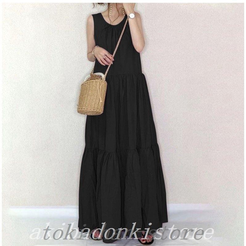 ワンピースレディース夏ワンピ黒可愛いおしゃれゆったり上品きれいめ着痩せマキシワンピースロング丈丸首薄手涼しいティアード40代 手数料安い