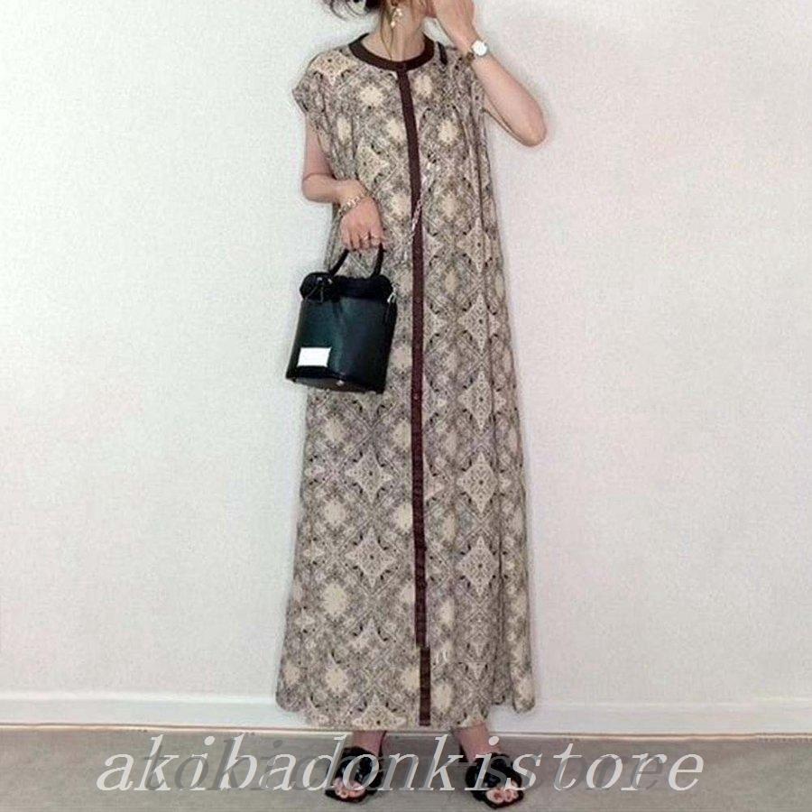 ワンピースレディースマキシワンピース花柄ゆったりおしゃれ可愛いきれいめ上品着痩せ体型カバー前開きシャツワンピース半袖丸首40代 ２０１３新入荷