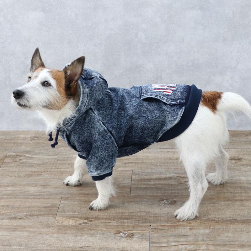 J.PRESS（J.プレス） 犬 服 春 デニム ロゴ パーカー リード通し穴