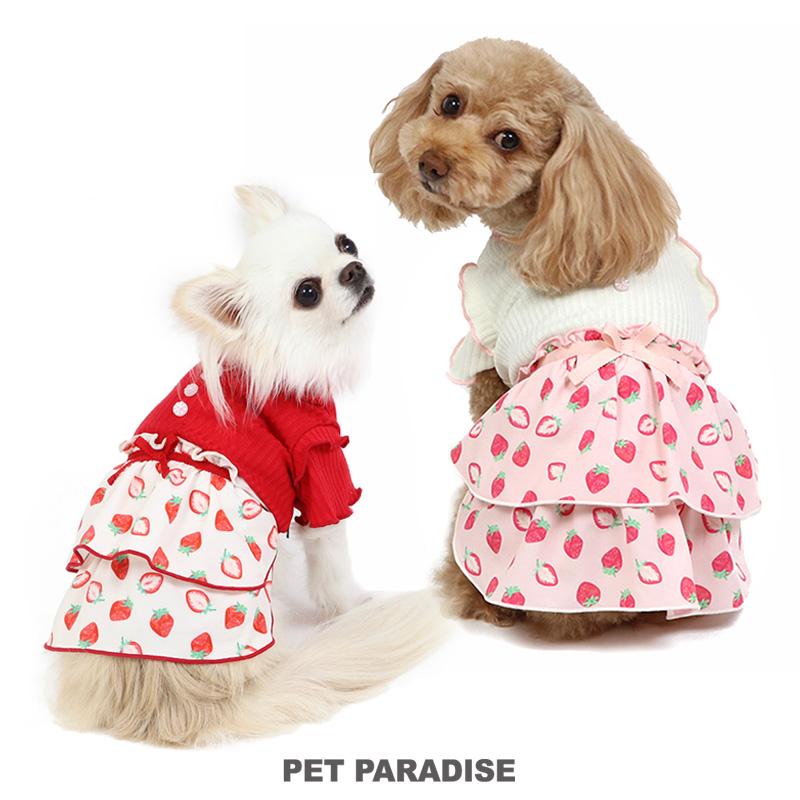 ハンドメイド犬服【いちご柄ギャザーたっぷりワンピース】ペット服 PET PARADISE（ペットパラダイス） 犬 服 秋 ワンピース おしゃれ