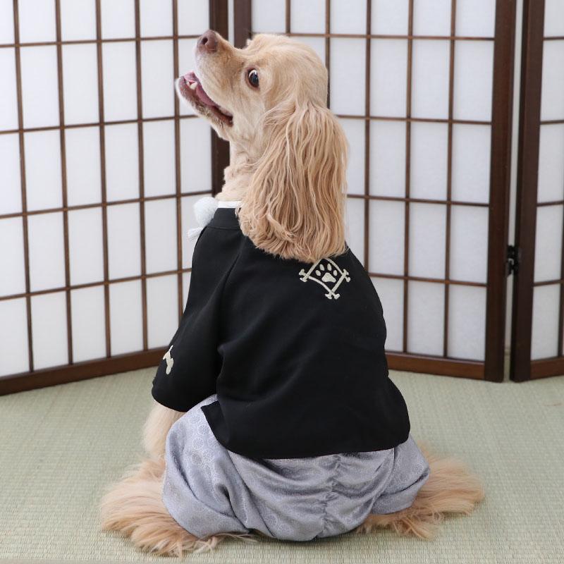 即納✨犬の袴 犬用本格袴セット XS 黒 鶴柄 西陣織 犬の袴✨本格着物&袴 京都西陣織金襴 雷文菱に玉持龍 わんこ着物 犬服