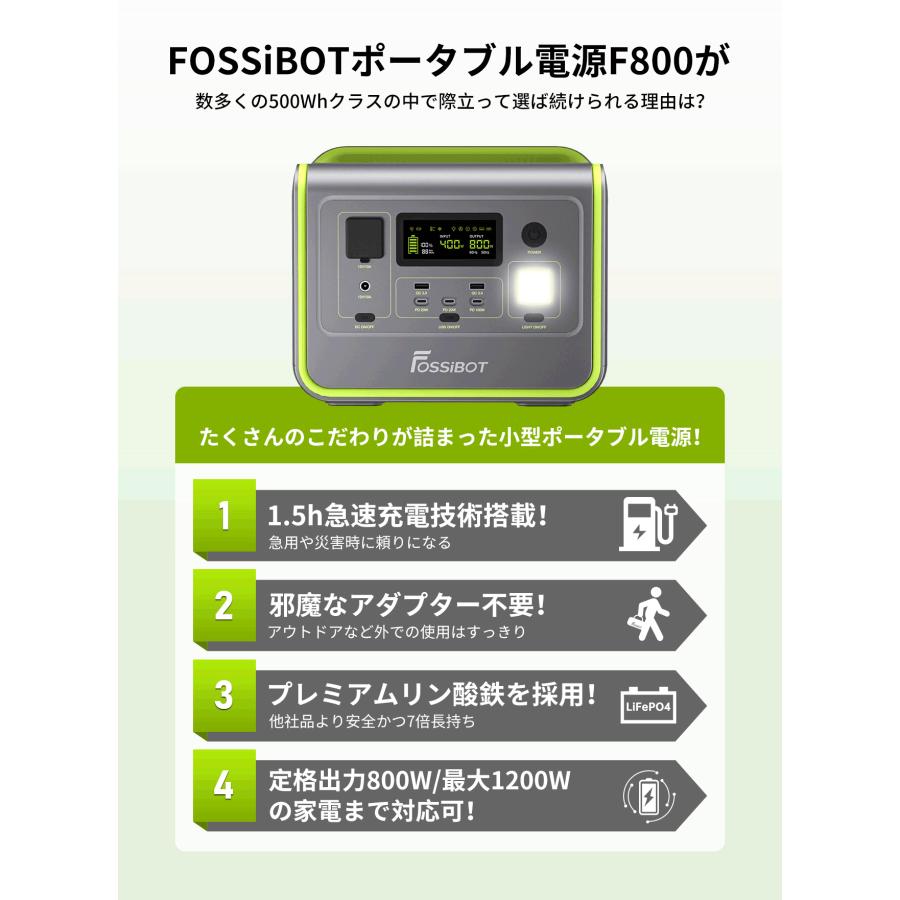 【限定SALEで40,900円！特典あり】FOSSiBOTポータブル電源 800W 512Wh リン酸鉄 大容量 1.2h急速充電 防災 車中泊 10年寿命 PSE キャンプ 最大1200W 停電｜peta｜04