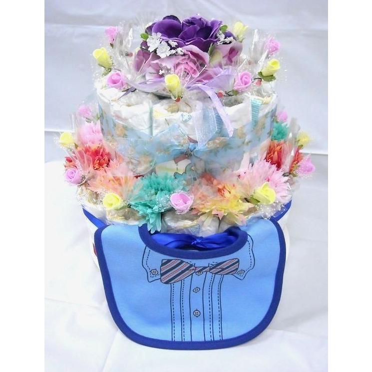 通販 直送ギフト対応可 出産祝い おむつケーキ 男の子 かわいいおむつケーキ ２段おむつケーキ 男の子用ブルー系 Materialworldblog Com