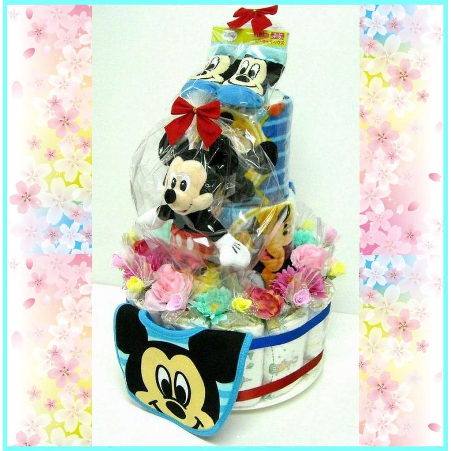 出産祝い おむつケーキオ ムツケーキ ３段おむつケーキ ディズニー３m ヌイグルミ付き 男の子用ミッキー