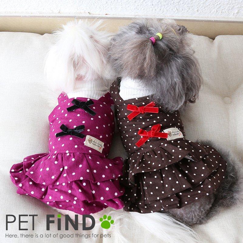 犬服 PETFiND 犬 犬の服 秋冬 水玉リボンワンピース フリル リボン 在庫限り｜petfind