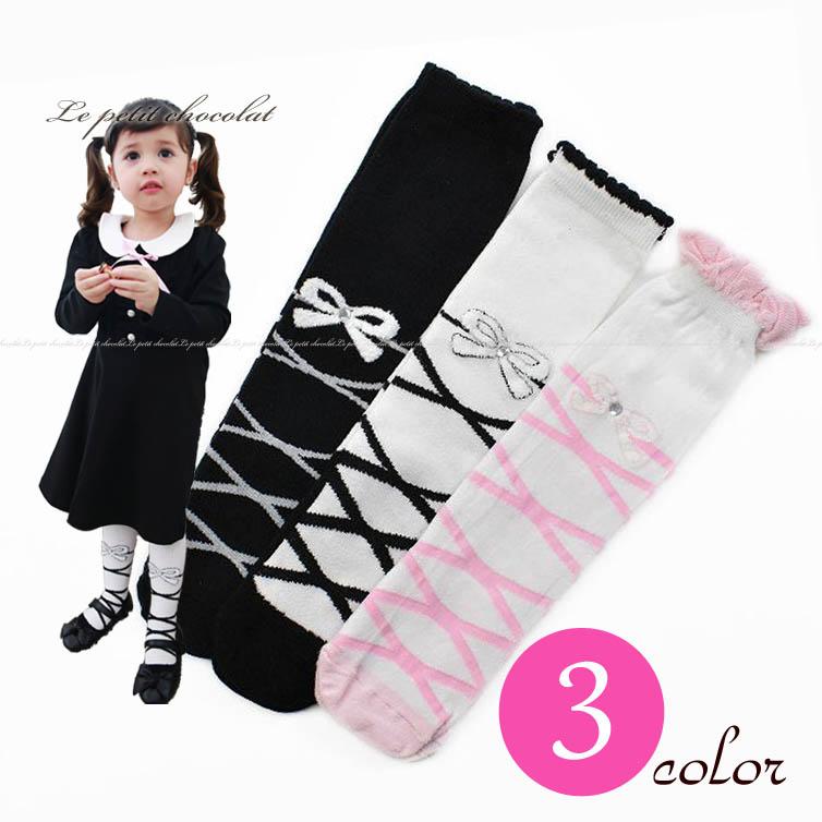 子供 靴下 ハイソックス 白 ピンク ブラック レースアップ ライン