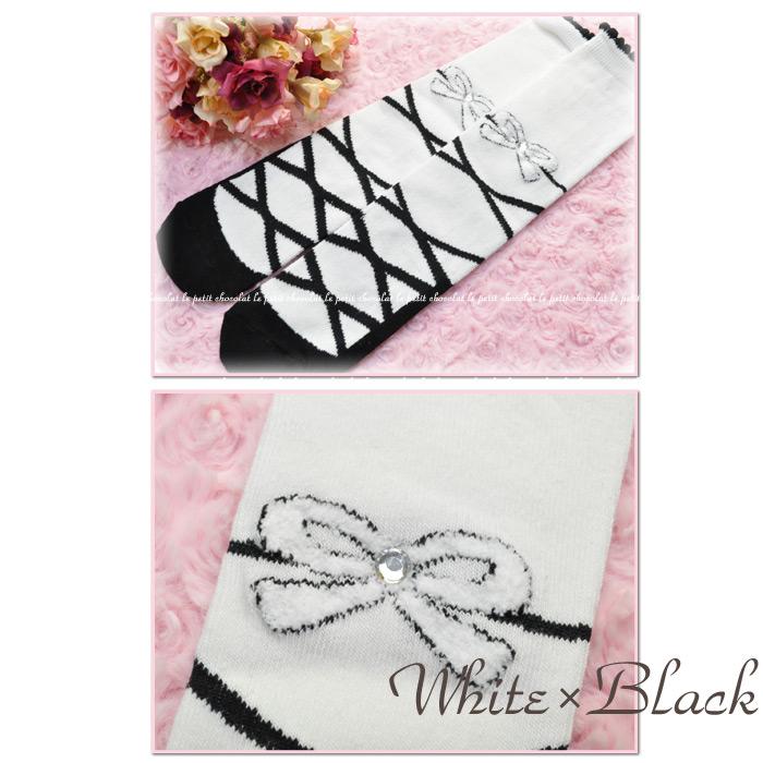 子供 靴下 ハイソックス 白 ピンク ブラック レースアップ ライン