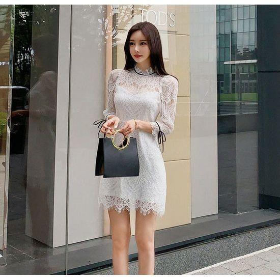 送料無料 ワンピース ミニ ボウタイ リボンタイ 総レース 袖あり 黒 白 お呼ばれ デート 10代 代 30代 Std685 プチプラドレス 通販 Yahoo ショッピング