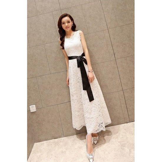 ロング ドレス ワンピース Aライン 総レース リボン ベルト 大人 清楚 白 ホワイト 黒 ブラック 10代 代 30代 40代 Stdl151 プチプラドレス 通販 Yahoo ショッピング