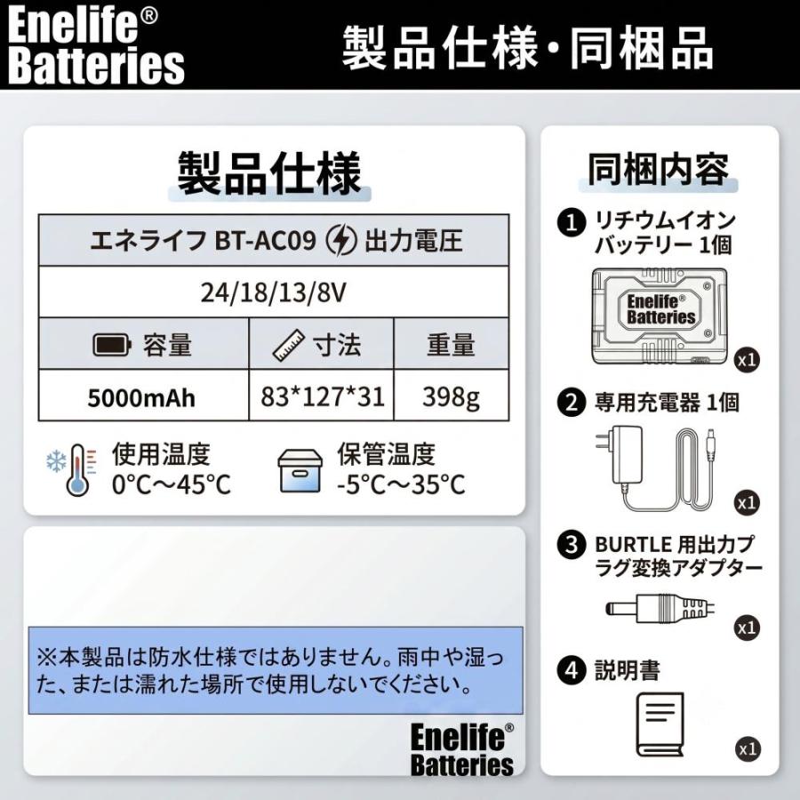 Enelife 空調服バッテリー 24V BURTLE互換 72Wh BT-AC09 5000mAh