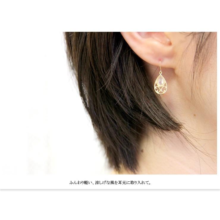 K10 ピアス ムーンストーン フックピアス 透かし模様 レース 揺れる 