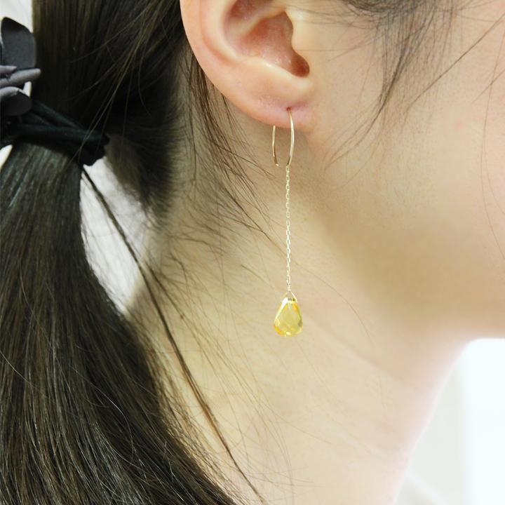 ピアス レディース K10 琥珀ピアス アンバー イエローアンバー ロング 