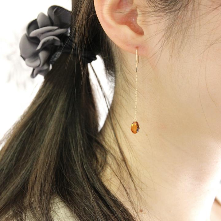 ピアス レディース K10 琥珀ピアス アンバー イエローアンバー ロング 