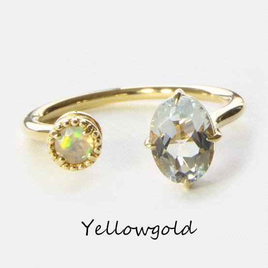 指輪 リング レディースK10/K18 フォークリング アクアマリン オパール