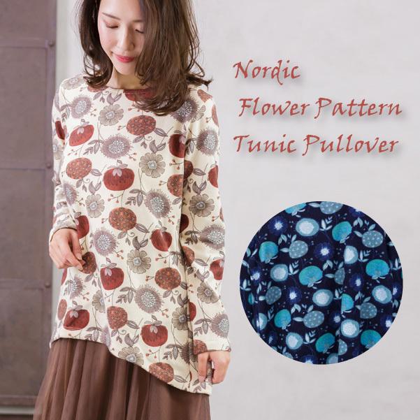 値下げ 北欧調花柄の起毛チュニック / レディース 春 秋 冬 梅春 花柄