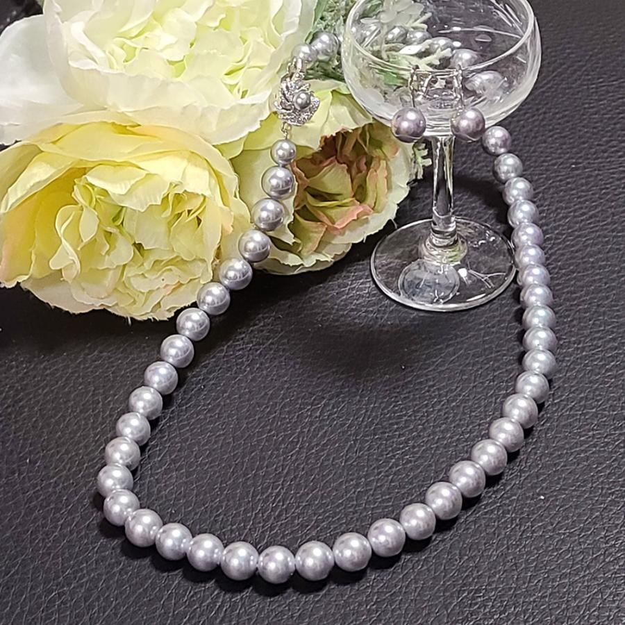 貝パールのネックレス・イヤリングセット（グレー 8mm、42cm 