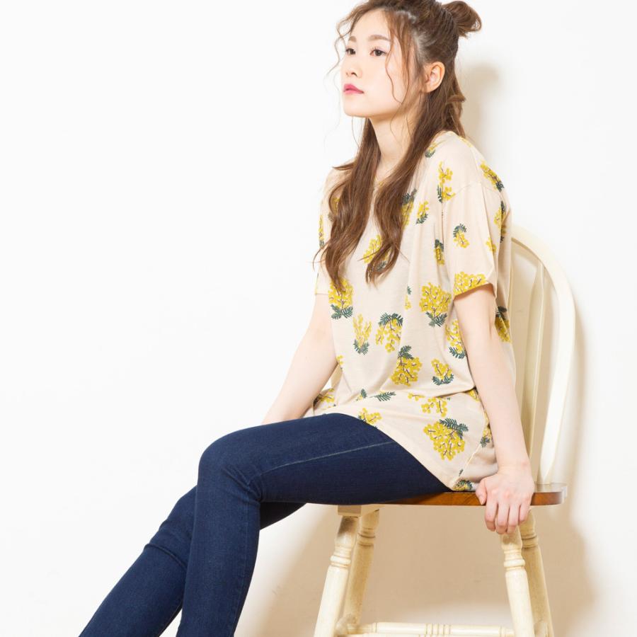 値下げ ミモザ柄のカットソートップス / レディース 春 夏 花柄 半袖 T
