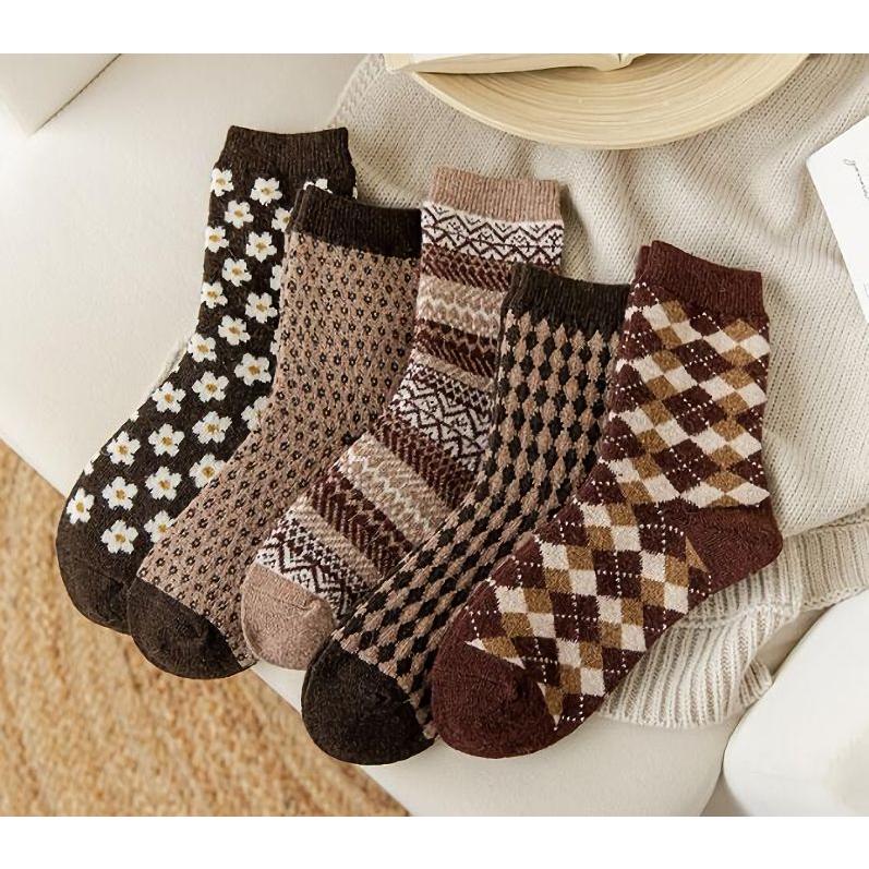 ウール混クルーソックス（トラッド調ブラウン系）/ レディース 秋 冬 靴下 毛混 暖かい チェック アーガイル フェアアイル 伝統柄 | 