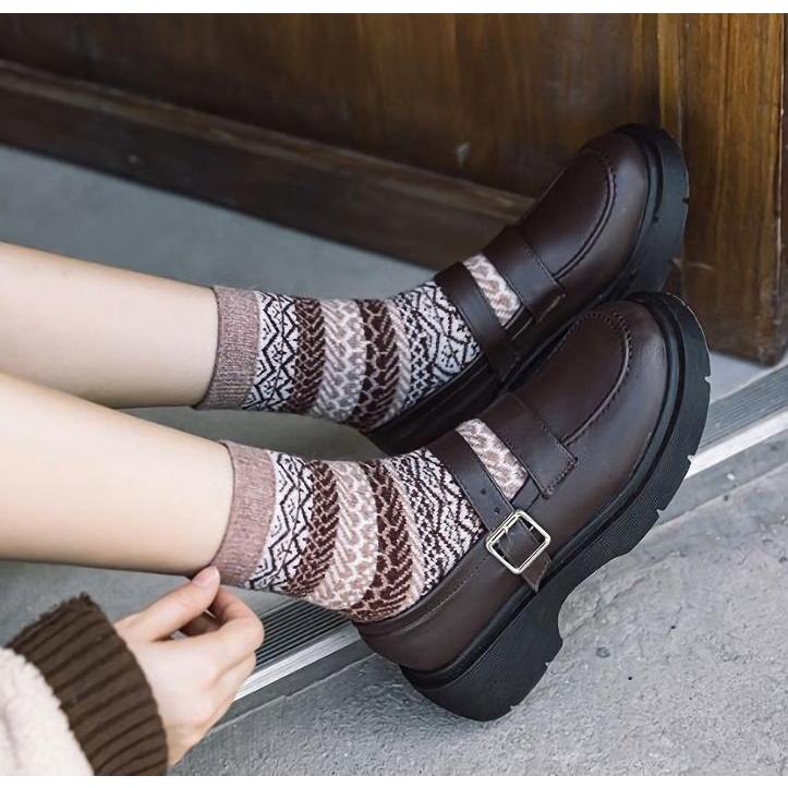 ウール混クルーソックス（トラッド調ブラウン系）/ レディース 秋 冬 靴下 毛混 暖かい チェック アーガイル フェアアイル 伝統柄 |  | 01