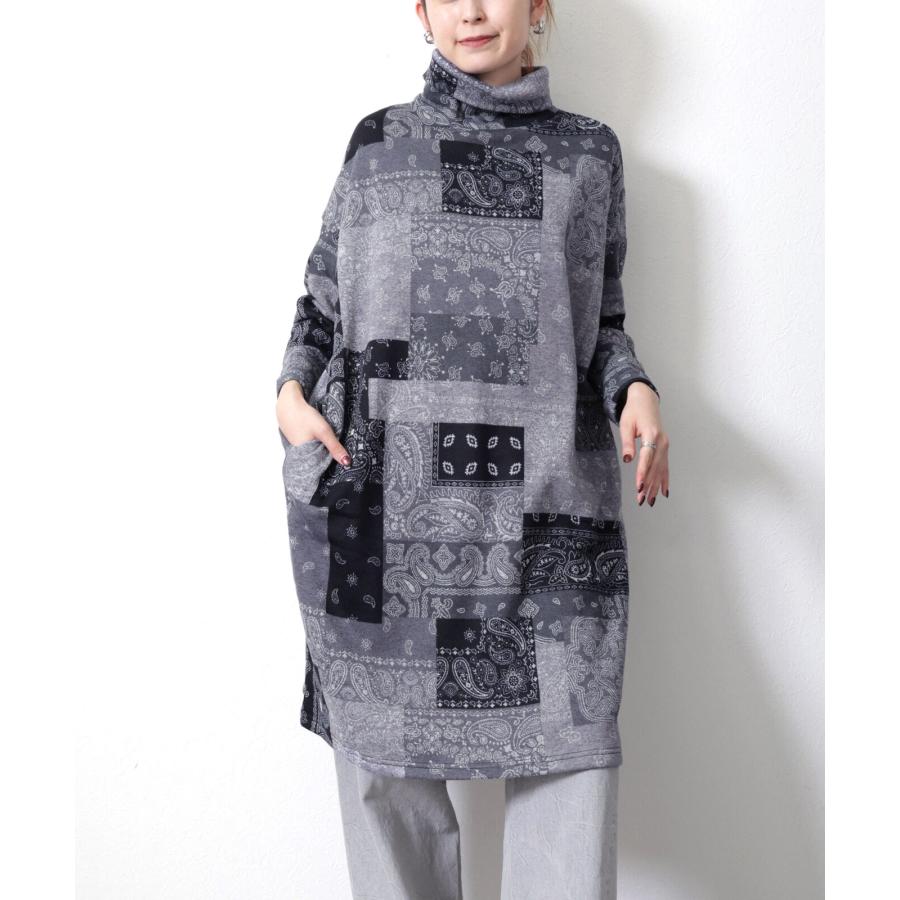 再入荷　ペイズリーパッチワーク柄の裏起毛ワンピース / レディース 秋 冬 ゆったり 大きいサイズ 温か 暖か 激ぬく タートルネック ハイネック |  | 10