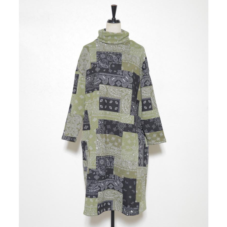 再入荷　ペイズリーパッチワーク柄の裏起毛ワンピース / レディース 秋 冬 ゆったり 大きいサイズ 温か 暖か 激ぬく タートルネック ハイネック |  | 03