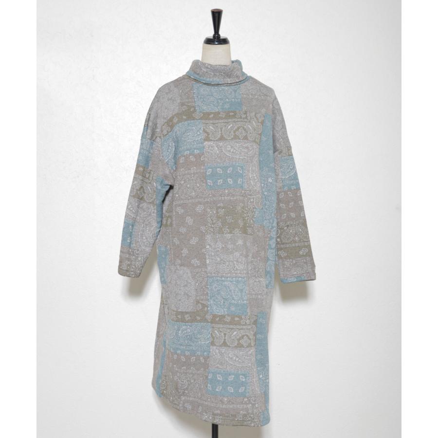 再入荷　ペイズリーパッチワーク柄の裏起毛ワンピース / レディース 秋 冬 ゆったり 大きいサイズ 温か 暖か 激ぬく タートルネック ハイネック |  | 02