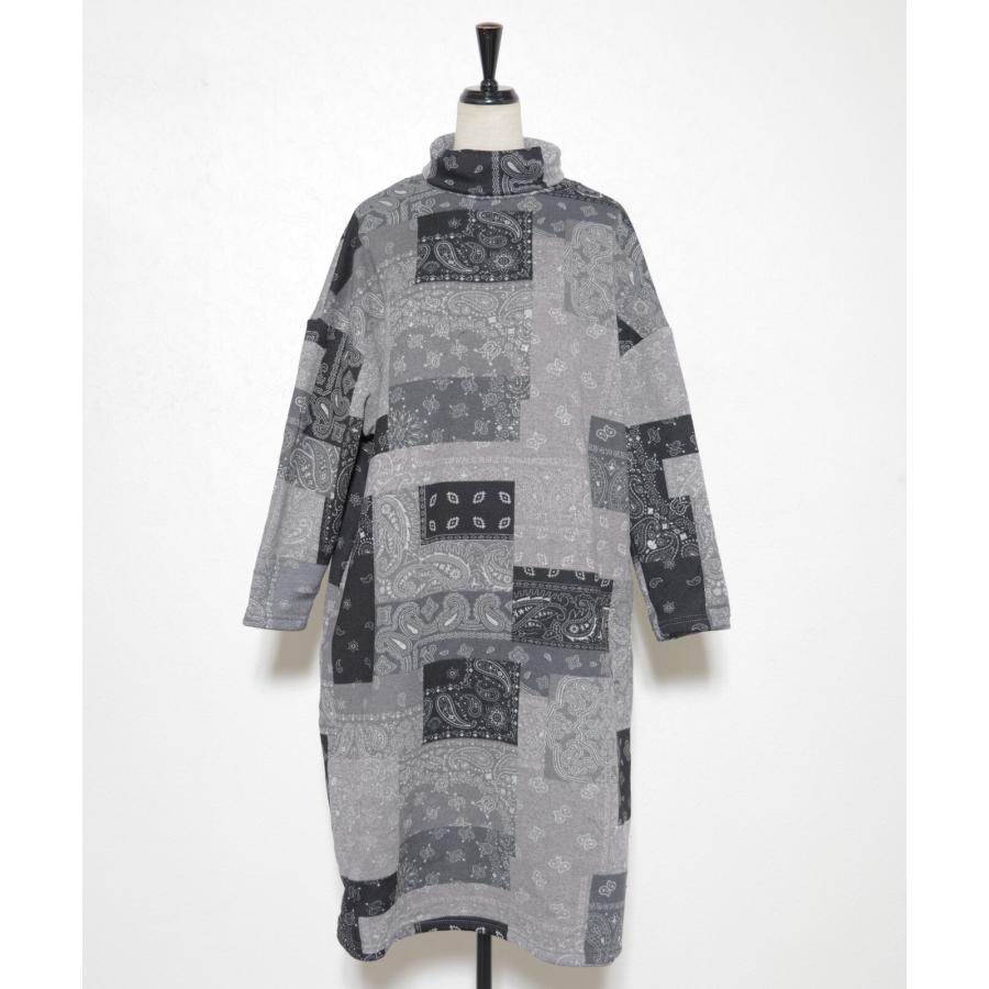 再入荷　ペイズリーパッチワーク柄の裏起毛ワンピース / レディース 秋 冬 ゆったり 大きいサイズ 温か 暖か 激ぬく タートルネック ハイネック |  | 01