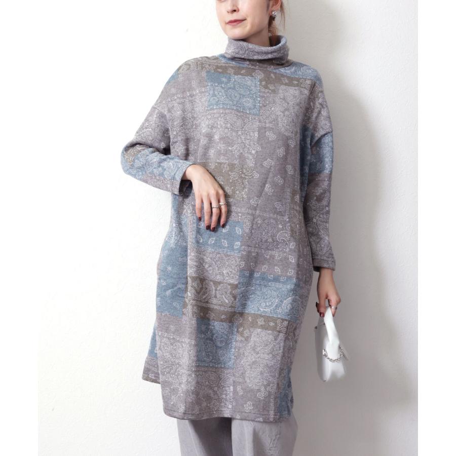 再入荷　ペイズリーパッチワーク柄の裏起毛ワンピース / レディース 秋 冬 ゆったり 大きいサイズ 温か 暖か 激ぬく タートルネック ハイネック |  | 04