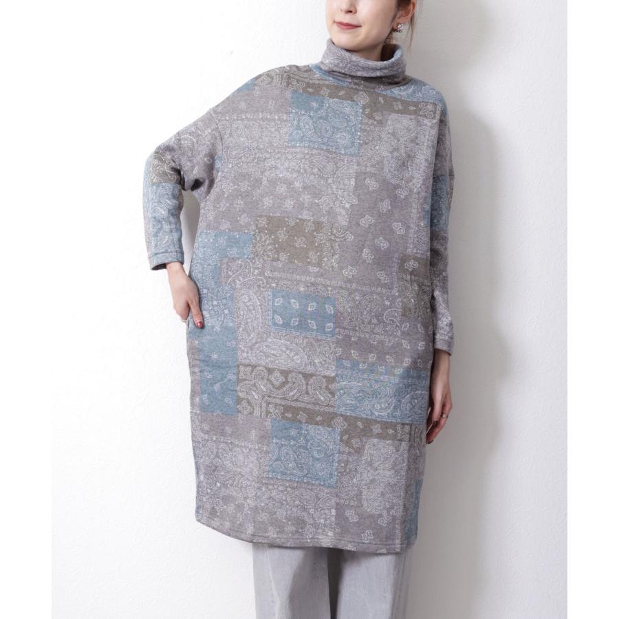 再入荷　ペイズリーパッチワーク柄の裏起毛ワンピース / レディース 秋 冬 ゆったり 大きいサイズ 温か 暖か 激ぬく タートルネック ハイネック |  | 06