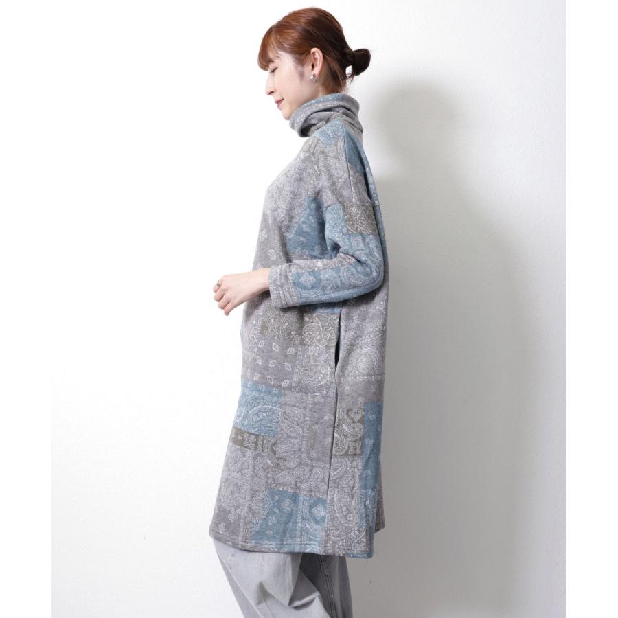 再入荷　ペイズリーパッチワーク柄の裏起毛ワンピース / レディース 秋 冬 ゆったり 大きいサイズ 温か 暖か 激ぬく タートルネック ハイネック |  | 08