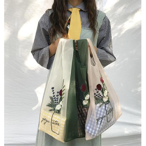 お花刺繍のオーガンジーマルシェバッグ / エコバッグ マイバッグ