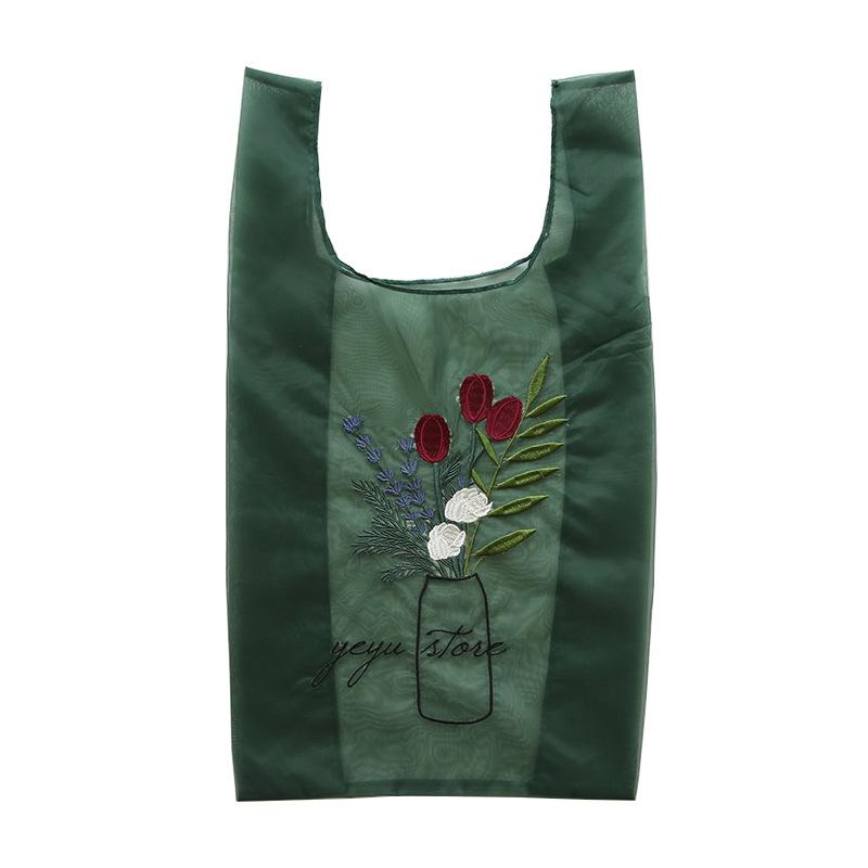 お花刺繍のオーガンジーマルシェバッグ / エコバッグ マイバッグ