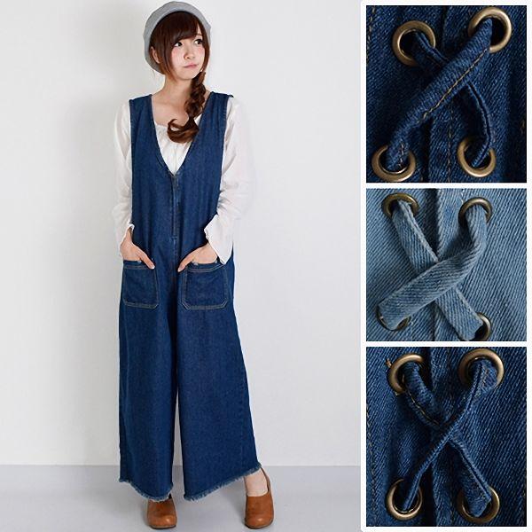 デニムのバックレースアップオールインワン オーバーオール サロペット 冬 秋 激安通販 レディース