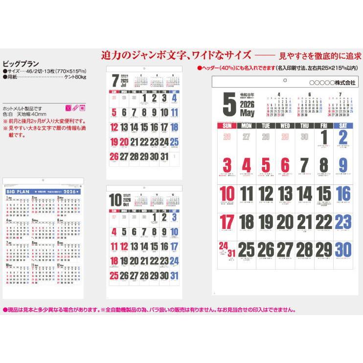 カレンダー 2026年 壁掛け ビッグプラン シンプル ジャンボ3色文字