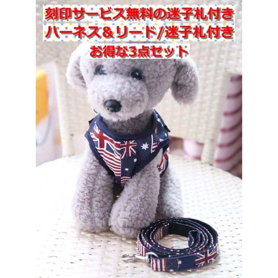 刻印無料 ペット用ハーネス 迷子札 ハーネスリード3点セット 犬用