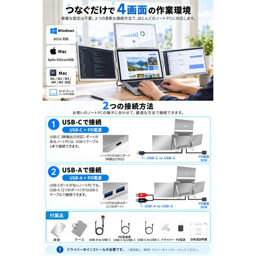 モバイルモニター 14インチ 4画面 デュアルモニター ノートパソコン用