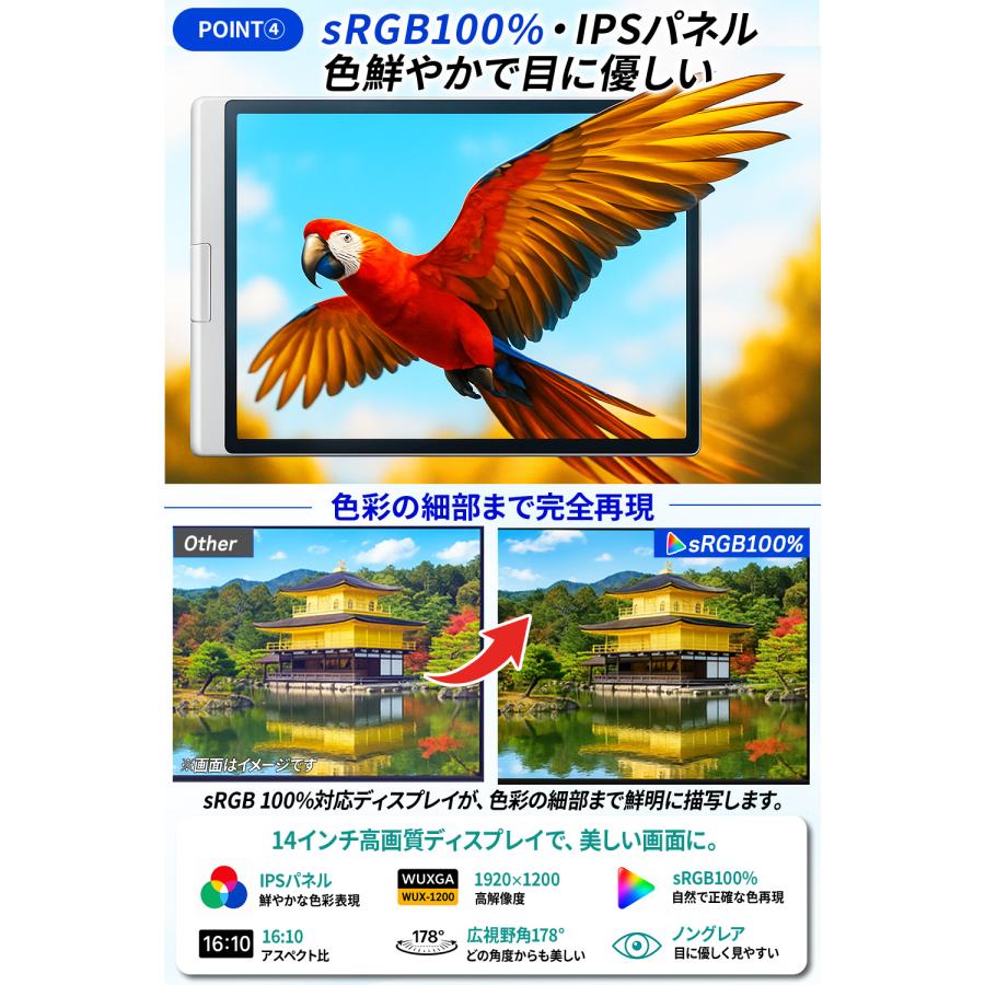 モバイルモニター 14インチ 4画面 デュアルモニター ノートパソコン用 Quad 拡張ディスプレイ Type-C 1920×1200 WUXGA IPS 軽量2.14kg Windows MacOS対応 |  | 05