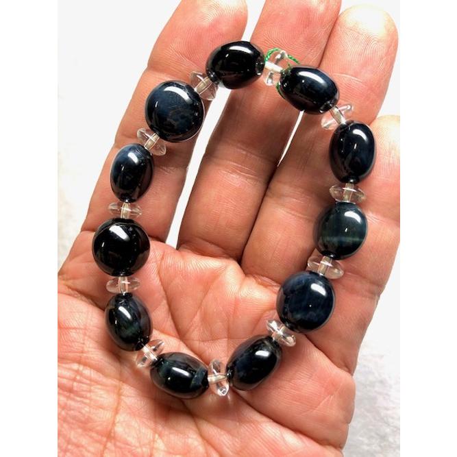 ホークスアイ ブルータイガーアイ ブレスレット だ円型 水晶ボタン型  