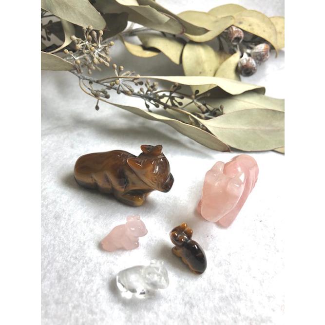 中国　石　置物　飾り　ピンク水晶　水晶　牛 うし S 水晶 タイガーアイ ローズクォーツ 2021年 令和3年 干支 丑年