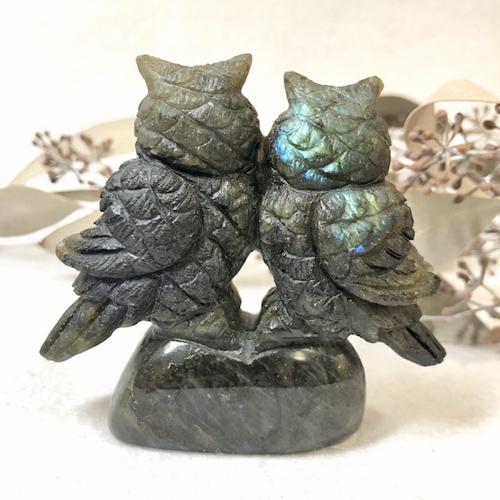 ふくろう ラブラドライト 番い つがいどり 彫刻品 置物 フクロウ ふくろう ラブラドライト 番い つがいどり 彫刻品 置物 フクロウ