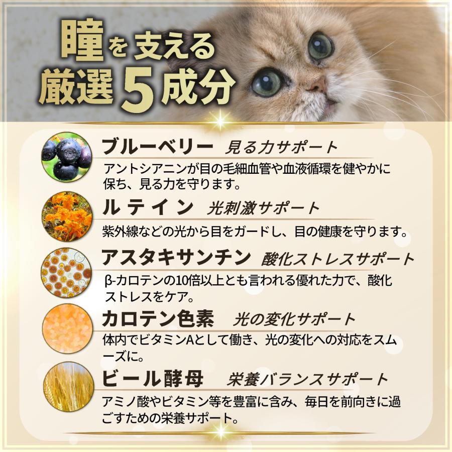 猫 サプリ 目 視力 ケア 健康 シニア 高齢猫 国産 ブルーベリー ルテイン アントシアニン アスタキサンチン ペッツプラス プレミアムアイ 猫用 サプリメント | Pets+ | 03